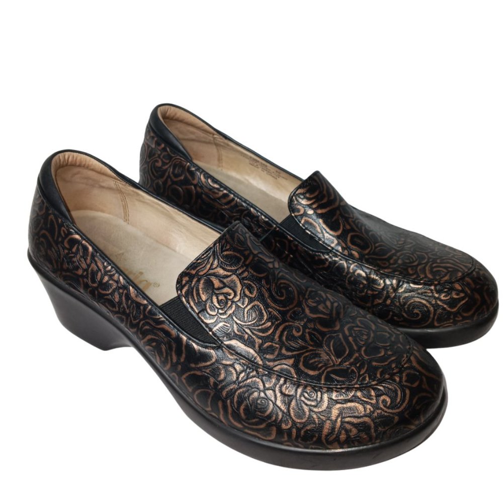 Alegria Black with Bronze Floral Embossed Slip-On Clogs